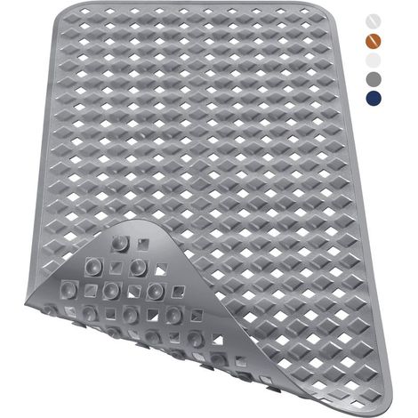 Tapis de bain extra long antidérapant avec trous de drainage(70 x 40 cm), ventouses, sans phtalates, sans latex, sans BPA et lavable en machine, gris