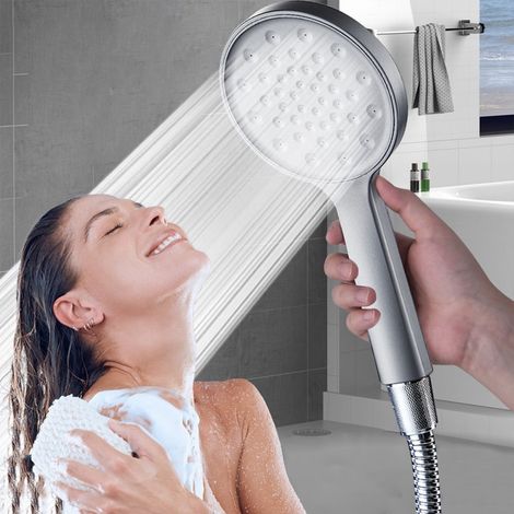 Pommeau de douche à main haute pression avec flexible en acier inoxydable, buse filtrante anti-obstruction et faible pression d'eau, couleur argent (1/2)
