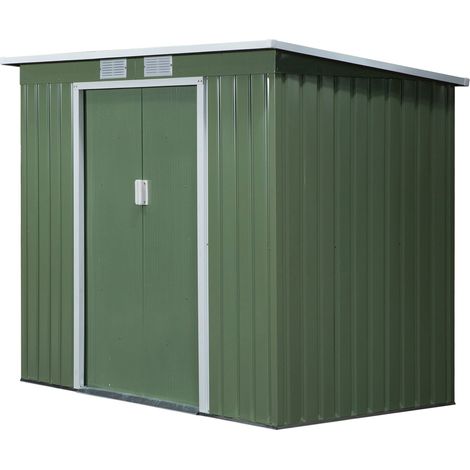 Outsunny Casetta da Giardino in Acciaio, Capanno da Giardino con Tetto Inclinato, Kit di Base, Doppia Porta Scorrevole e Prese d'Aria, 213x130x173 cm, Verde (1/7)