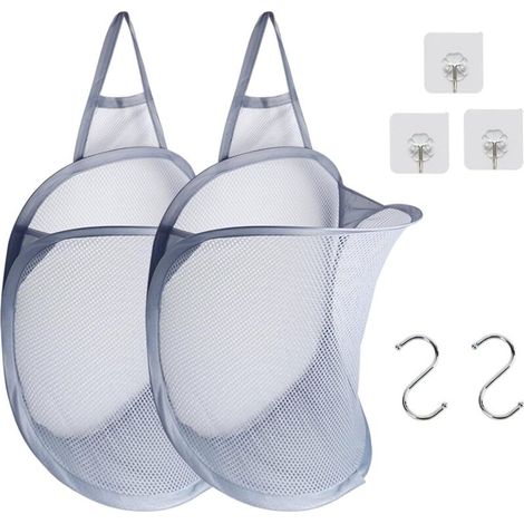 Hängender Wäschekorb, faltbarer Wäschekorb aus Netzgewebe, zusammenklappbarer Wäschekorb, geeignet für Schlafzimmer, Badezimmer, Jungen- und Mädchenwohnheime (2er-Set, grau)