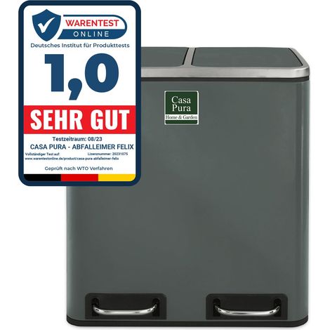 Floordirekt – Poubelle à pédale 2 x 15 litres – Système de séparation pratique – Amortisseur de fermeture silencieux – Acier inoxydable anthracite (1/5)