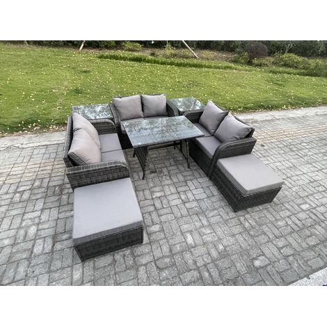 Fimous Salon de jardin exterieur 8 places avec Canapé d'amour Table à manger rectangulaire 2 Grand tabourets 2 Tables d'appoint Gris foncé mixte (1/5)