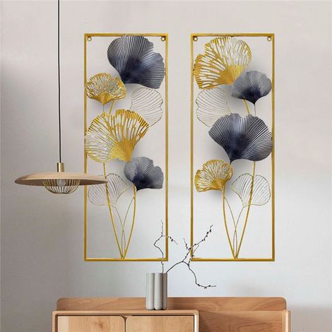 Wandbild Ginkgo Blätter Skulptur Wandschmuck Metall Wanddeko 2pcs 85×31×5cm Gold (1/5)