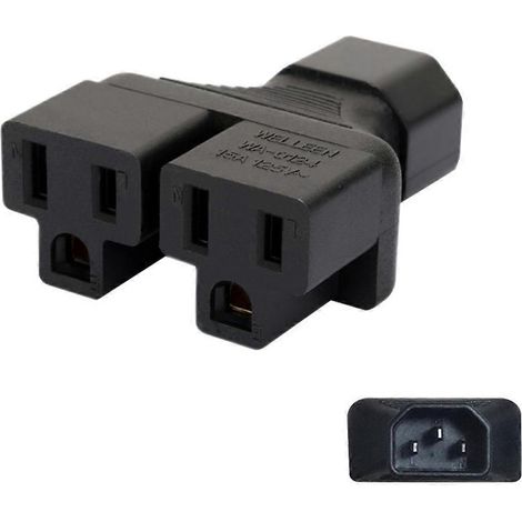 Adaptateur Prise Mâle IEC320-C14 vers 2 Prises Femelles Nema 5-15R, C13, C15 (1/4)