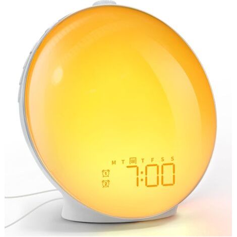 Réveil lumineux à LED pleine grandeur avec bouton rotatif, double alarme, sons de la nature, répétition, radio FM, 20 réglages de luminosité pour adultes et enfants (1/5)