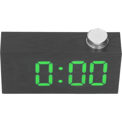Réveil numérique LED avec thermomètre, design grain de bois vert et alimentation USB