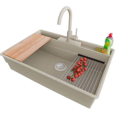 PRIMAGRAN Evier Cuisine en Granit 78x53cm,Lavabo 1 bac + Robinet 32x20cm + Kit de Vidage + Accessoires, Évier à Encastrer au meuble 80cm - New York, Beige