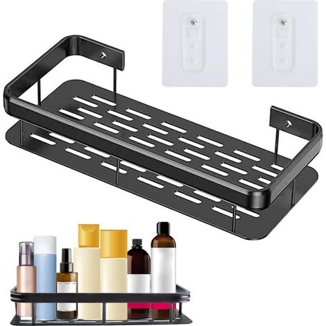 Étagère de douche autocollante en aluminium - Sans perçage - Noir(1pcs) (1/4)