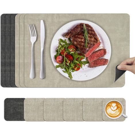 Set de Table Lavable Plastique: Dessous de Table Double Face, Lot de 6 Sets de Table et Dessous de Verre 43x30cm,10x10cm (Beige + Noir) (1/5)