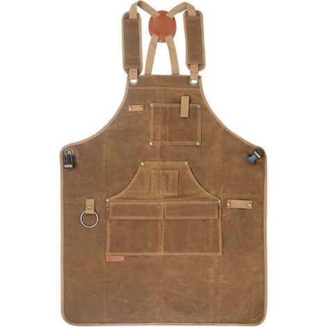 Tabliers de travail du bois pour hommes et femmes Tablier de travail résistant en toile cirée avec poches Bretelles croisées dans le dos Tablier à outils ajustable (kaki) (1/5)