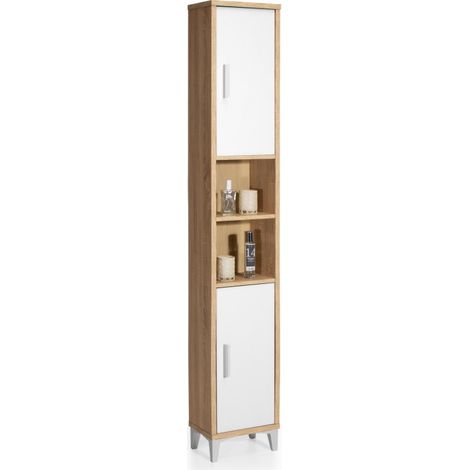 Etagère de salle de bain Gala 8901 TOPKIT avec portes et étagères Colonne de salle de bain Dimensions : 192x33x23 cm Chêne et Blanc (1/4)