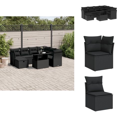 Salon de jardin 8 pcs avec coussins noir résine tressée - Ensemble Salon De Jardin - Mobilier De Jardin - Salon Extérieur - Table De Jardin Extensible - Chaise Lounge (1/5)