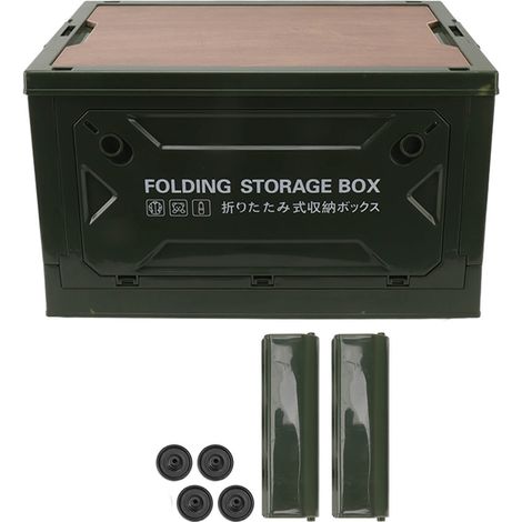 Boîte de rangement pliable pour le camping avec couvercle en bois, bac de rangement pliable à roulettes pour voiture, camping et pique-nique, vert olive (1/5)