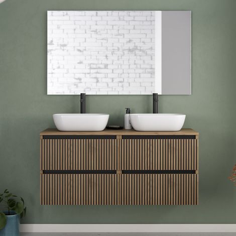 Meuble de salle de bain 120cm avec plateau et 2 vasques à poser arrondies - 4 tiroirs - noyer (bois foncé) - VENERIA (1/5)