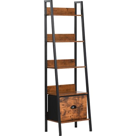 FurnitureR Leiterregal, schmales Regal, Bücherregal für Homeoffice, Wohnzimmer, Schlafzimmer, Küche, Bücherregal aus Holz mit Schubladen, industriell, rustikales Braun und Tinten-Schwarz, 5-stufig (1/5)