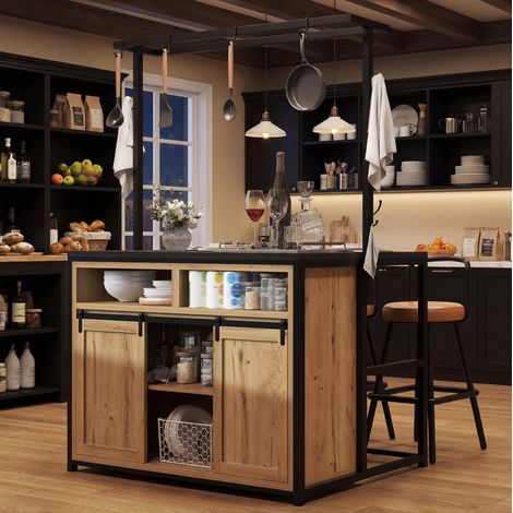 Armario de cocina (107x62x183 cm), con enchufe y USB, estantes abiertos, puertas correderas, MDF y metal, color madera (1/5)