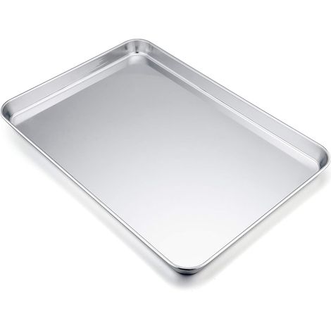 Plaque de cuisson rectangulaire en acier inoxydable, idéale pour la cuisson, le service et la préparation de gâteaux et autres préparations. Dimensions : 40 x 30 x 2,5 cm. Non toxique et saine, finiti (1/5)