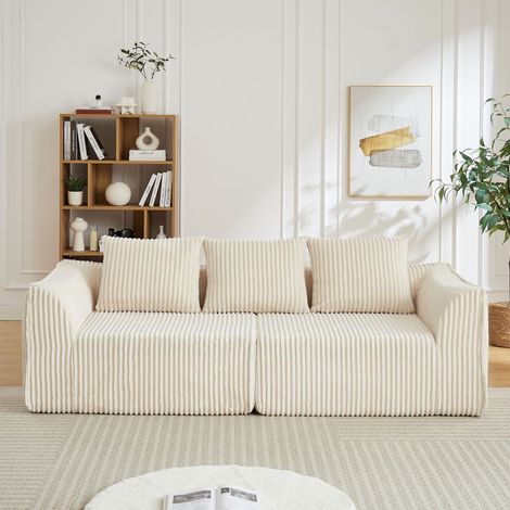 Canapé minimaliste en velours côtelé de 235CM, aux lignes courbes et au dossier légèrement incliné, avec deux coussins. (1/5)