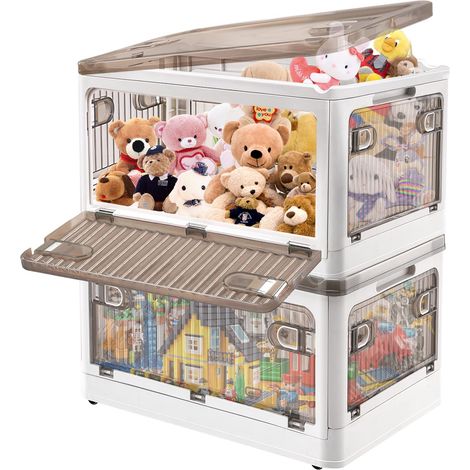 Lot de 2 grands bacs de rangement empilables en plastique de 28 litres avec couvercles, boîtes de rangement pliables à roulettes pour vêtements, collations, jouets, camping (1/5)