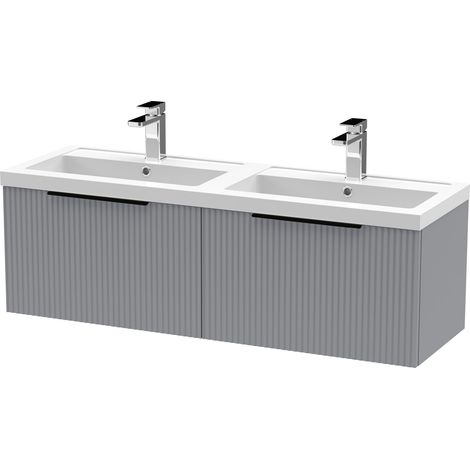Fluted Front Wall Hung 2-Drawer Bathroom Vanity Unit with Double Basin, 1200mm, Satin Grey, Black Handles (1/5)