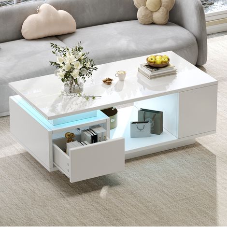 Table basse 100x50x36 cm en panneau de particules blanc avec LED et rangement pour salon – MEUBLIV (1/5)