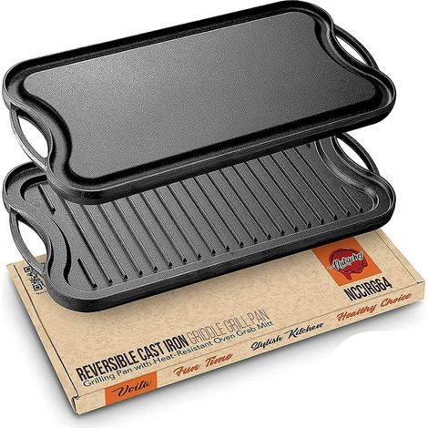 Plancha de hierro fundido reversible, sartén plana sin PFOA, compatible con inducción y horno, con raspador. (1/5)