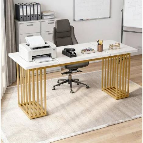 Scrivania 180 x 79 x 78 cm in legno e metallo bianco e oro HAVRYA (1/5)