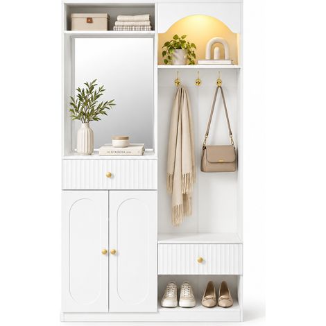 FurnitureR Meuble à chaussures entrée blanc avec miroir, banc et éclairage LED (1/5)