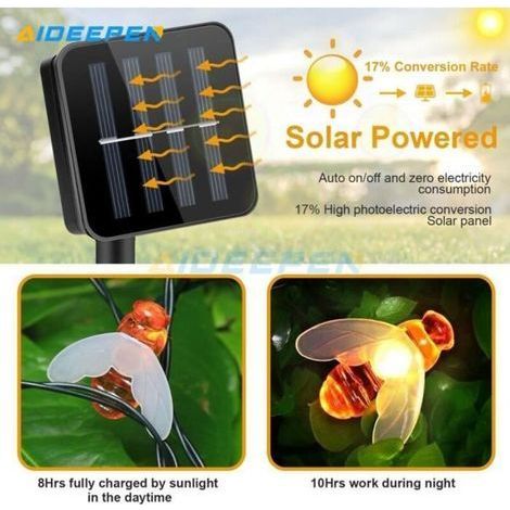 5 m lange Solar-Lichterkette mit 20 LEDs für den Außenbereich, Solarleuchten für drinnen und draußen – Warmweißes Bienen-Design (1/4)