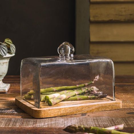 Plateau en bois massif avec cloche en verre – Dimensions 13x22x22cm – Élément de vaisselle moderne et fonctionnel – Chehoma