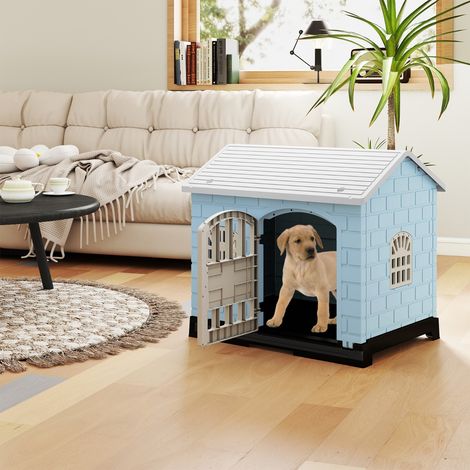Niche Pliable en Plastique pour Chien Abri pour Animaux avec Plateau de Toilette Amovible Porte Verrouillable 3 Fenêtres Toit Incliné Bleu (1/2)