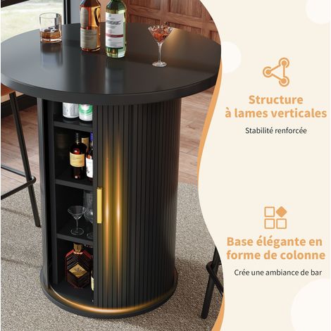 Tavolo bar rotondo 60x60x91.6 cm nero in MDF e metallo con ripiani interni e porta scorrevole (1/5)
