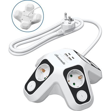 DEWENWILS Steckdosenleiste Einzeln Schaltbar, Mehrfachsteckdose mit 2 USB C + 2 USB A, Überspannungsschutz & Kindersicherung, 3680W/16A, 2m Kabel, Platzsparendes Design für Schreibtisch, Haushalt (1/5)