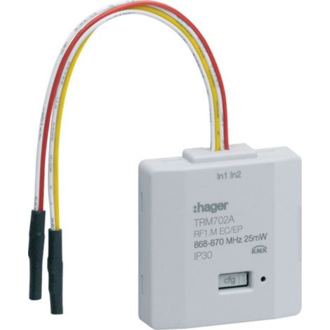 Hager – Micro module radio 2 entrées KNX – Alimentation pile lithium 3V – 10m distance liaison – IP30 – Dimensions 11x39x41mm