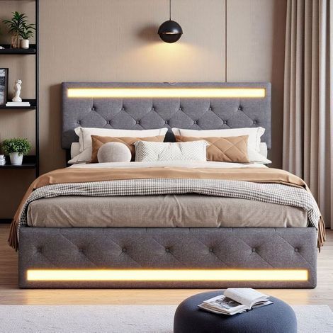 Letto Doppio 140x200 - Moderno con LED RGB - 4 Cassetti - Rete Inclusa - Design Elegante