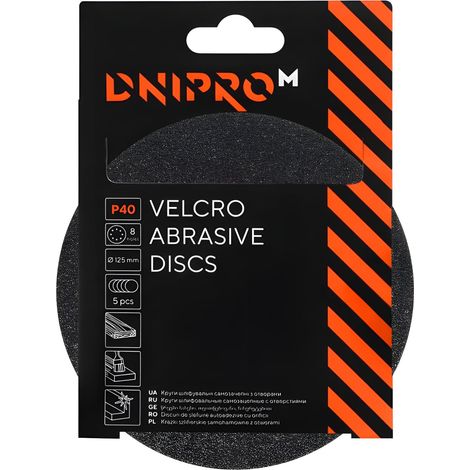 Dischi abrasivi per levigatrice eccentrica Dnipro-M P40, 125 mm, 8 fori, confezione da 5 (1/2)