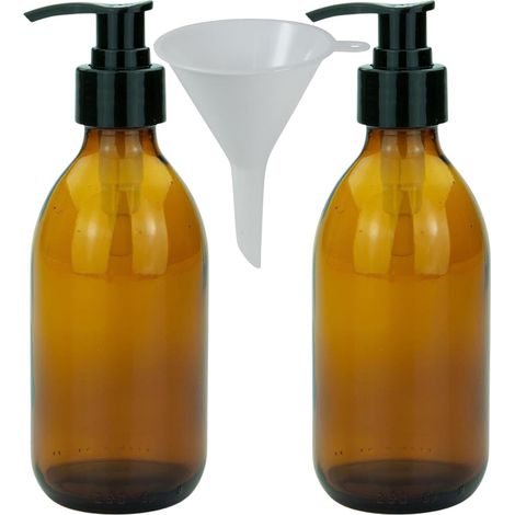 Set mit 2 braunen Glasspendern, 250 ml, BPA-frei, inklusive Trichter, für Seife/Desinfektionsmittel/Shampoo