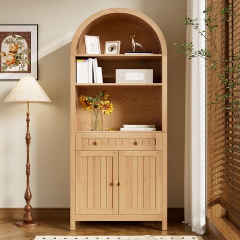Buffet armoire haute 76×40×180 cm façade cintrée, double porte et étagères à épices, structure MDF et particules pour cuisine et salon, naturel (1/5)