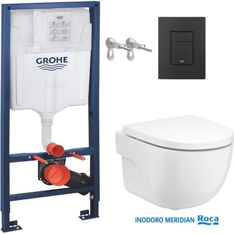 Bâti-support GROHE Rapid SL pack réservoir encastrable et plaque Noir Mat avec WC suspendu ROCA Meridian Blanc 48 cm (1/5)