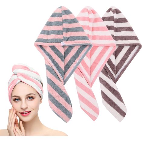 Lot de 3 serviettes pour cheveux, serviette avec bouton, serviette ultra-absorbante, serviette anti-frisottis