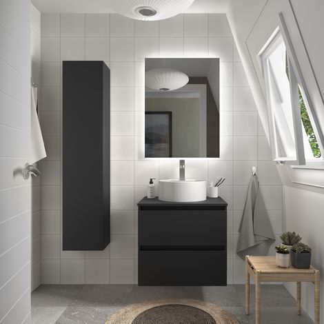 Meuble de salle de bain BEQUIA 70cm Noir mat  Avec plan toilette (vasque non incluse) (1/5)