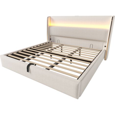 Cama doble hidráulica 180 x 200 cm de lino beige con LED, almacenaje y puertos USB-C (1/5)