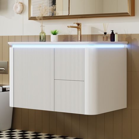 Hängender Waschtischunterschrank 80,5 x 47,5 x 51 cm – 3D-Front – LED-Radar-Beleuchtung – 4 geräuscharme Schubladen für das Badezimmer – Weiß