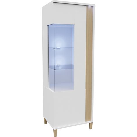 Étagère Florem I, Blanc + Blanc brillant + Clair bois, Fermé, Avec des portes, Stratifié, Verre, Le nombre de portes: 2, Nombre de tiroirs: 0, 198x52x40cm, LED: Disponible