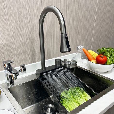 Robinet cascade inox 304 - effet pluie H/C, pulvérisateur extractible pour évier (1/5)