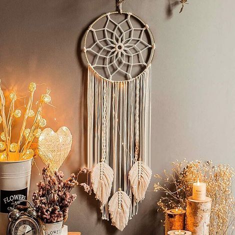 Attrape Rêve, Tenture Murale Tissée Macramé Bohème Decoration Attrapeur de Rêves Fait à la Main Grand Dream Catcher Ornement Artisanat Cadeau (1/5)