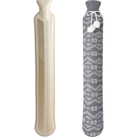 Lange Wärmflasche mit Bezug, 2 Liter Outdoor-Wärmflasche mit Fellbezug, große Fleece-Wärmflasche (Grau) (1/4)