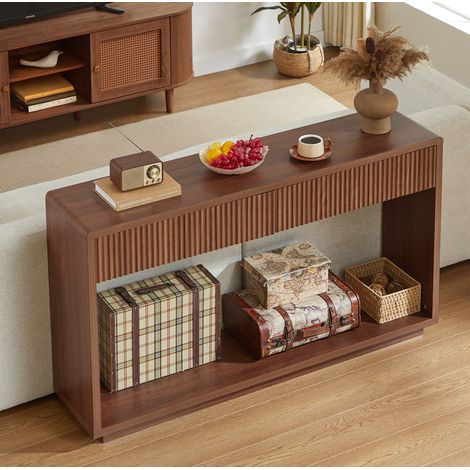 Table console d'entrée 150 cm en bois foncé, 2 tiroirs de rangement et niche ouverte, façade cannelée, meuble étroit pour couloir ou derrière canapé – CHICFURN (1/5)