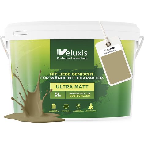 Wandfarbe Grün Gold Beige Matt Innenfarbe – Deckkraft Klasse 1, VOC-frei, Ohne Grundierung, Tropfarm – Wohnzimmer & Schlafzimmer – 5L – Veluxis (Pretty Pistachio)
