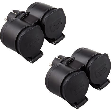 Electraline 92388 Confezione da 2 Adattatori da Esterno 2 prese Schuko, Resistente all'acqua IP44, Spina tedesca, Multipresa 2 posti schuko con tappo, Nero